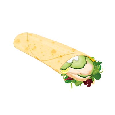 Wrap poulet rôti, fromage frais, citron, concombre, basilic et salade